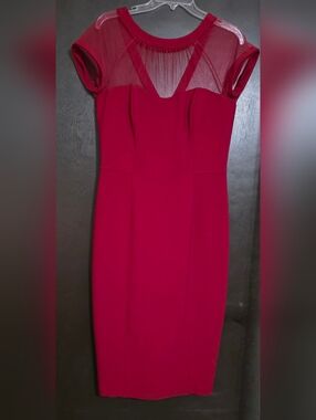 Maggy London Illusion Yoke Crepe Sheath Red Cocktail Midi Dress Size 10